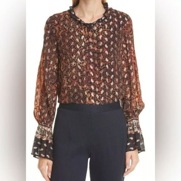 Kobi Halperin Women Dayna Metallic Paisley Gold Brown Ruffle Blouse Size M - Picture 2 of 12